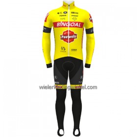 Set Fietsshirt Lange Mouw + Lange Koersbroek 2022 Bingoal Pauwels Sauces WB Rood Neongeel